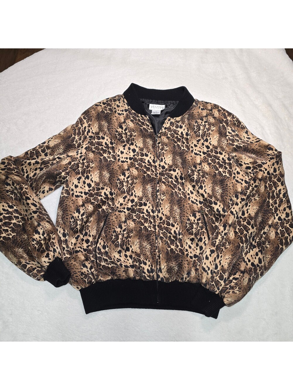 VTG Allison Taylor 100% Silk Leopard Print Bomber Jacket Women's Large L 80s 90s